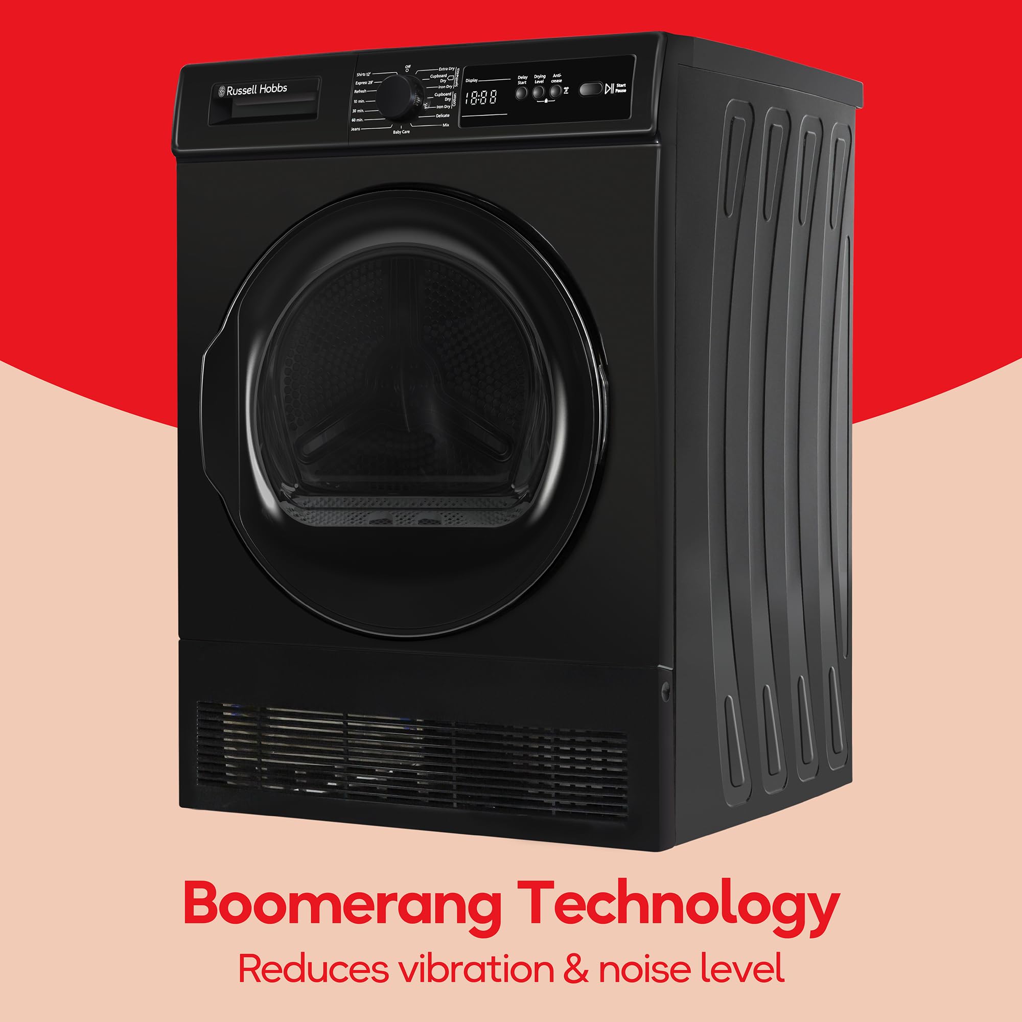 Russell Hobbs Freestanding Condenser Dryer Electric Tumble Dryer 15 Programmes 8kg Capacity 3 Heat Settings LED Display DelayStart Anti-Crease Child Lock Black Clothes Dryer RH8CTD111B — view 10