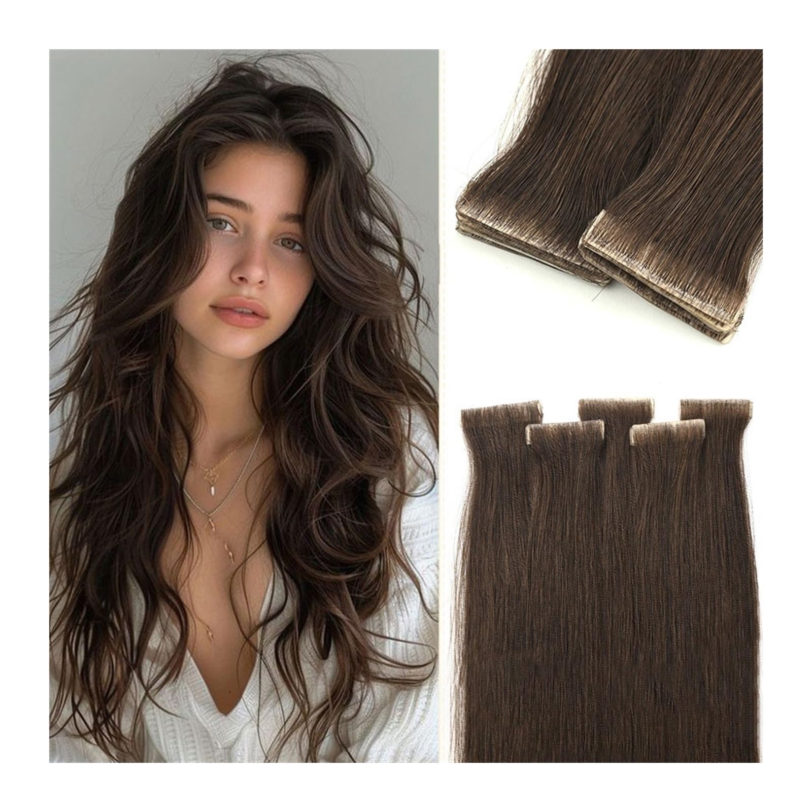 Cinta Adhesiva de Trama de Piel de PU for Extensiones de Cabello con Cinta Adhesiva de salón, Cabello Humano Real, 100% Remy, Natural, 12/16/20/24 Pulgadas, Liso(20 Inches)