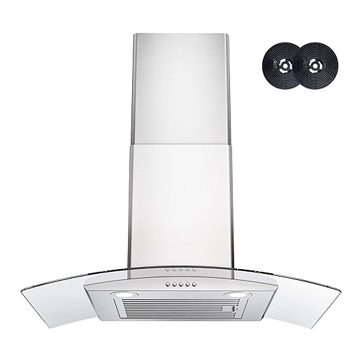Range Hood 30 Inch, FIREGAS Ducted/Ductless Convertible Wall Mount Range Hood with Tempered Glass, 3 Speed Fan, 400CFM, Button Control, LED Light, Stainless Steel Filters, include 2 Charcoal Filters
