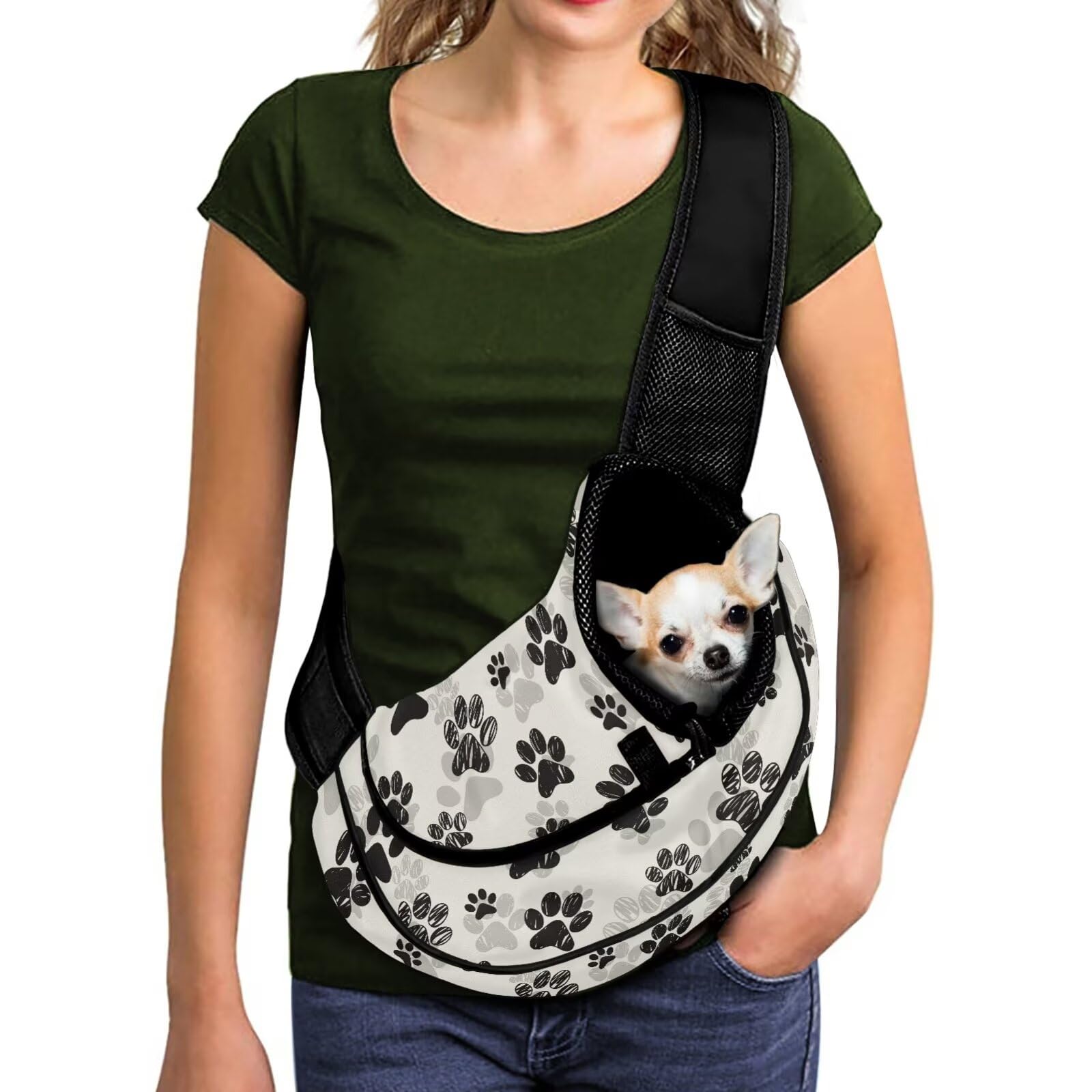 COEQINE Small Dog Carrier Sling Bag for Pets Portable Paw Print Versatile Hands-Free Adjustable Comfort Strap Breathable Design Ideal for Walking Shopping Vet Visit