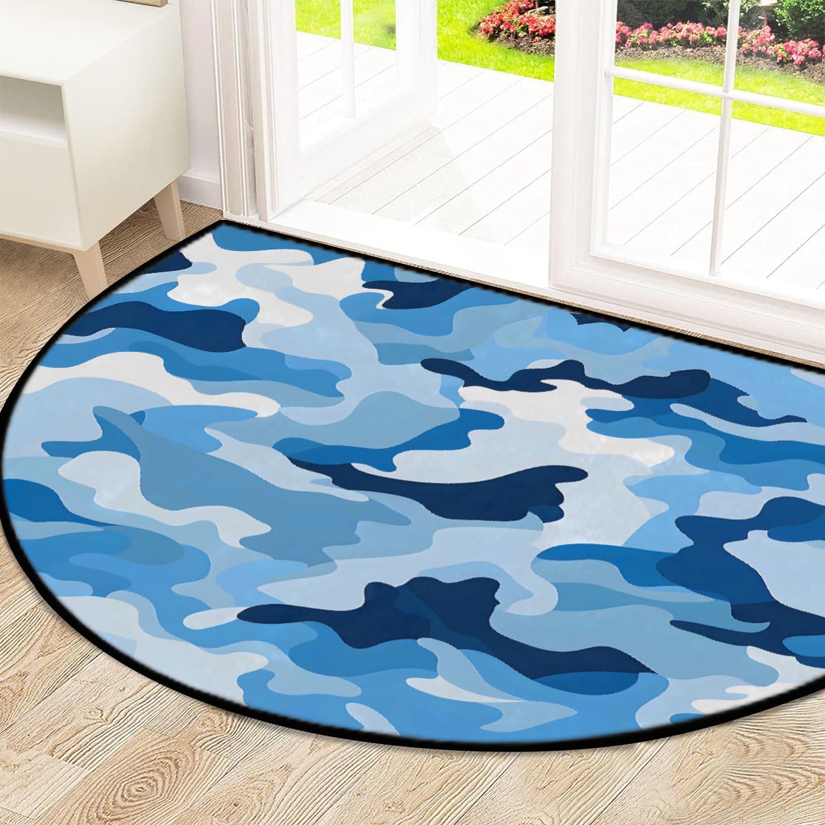 Mexpekil Paillasson demi-lune bleu clair camouflage pour intérieur et extérieur - Demi cercle - Absorbant - Demi cercle - Attrape la saleté - 100 x 160 cm