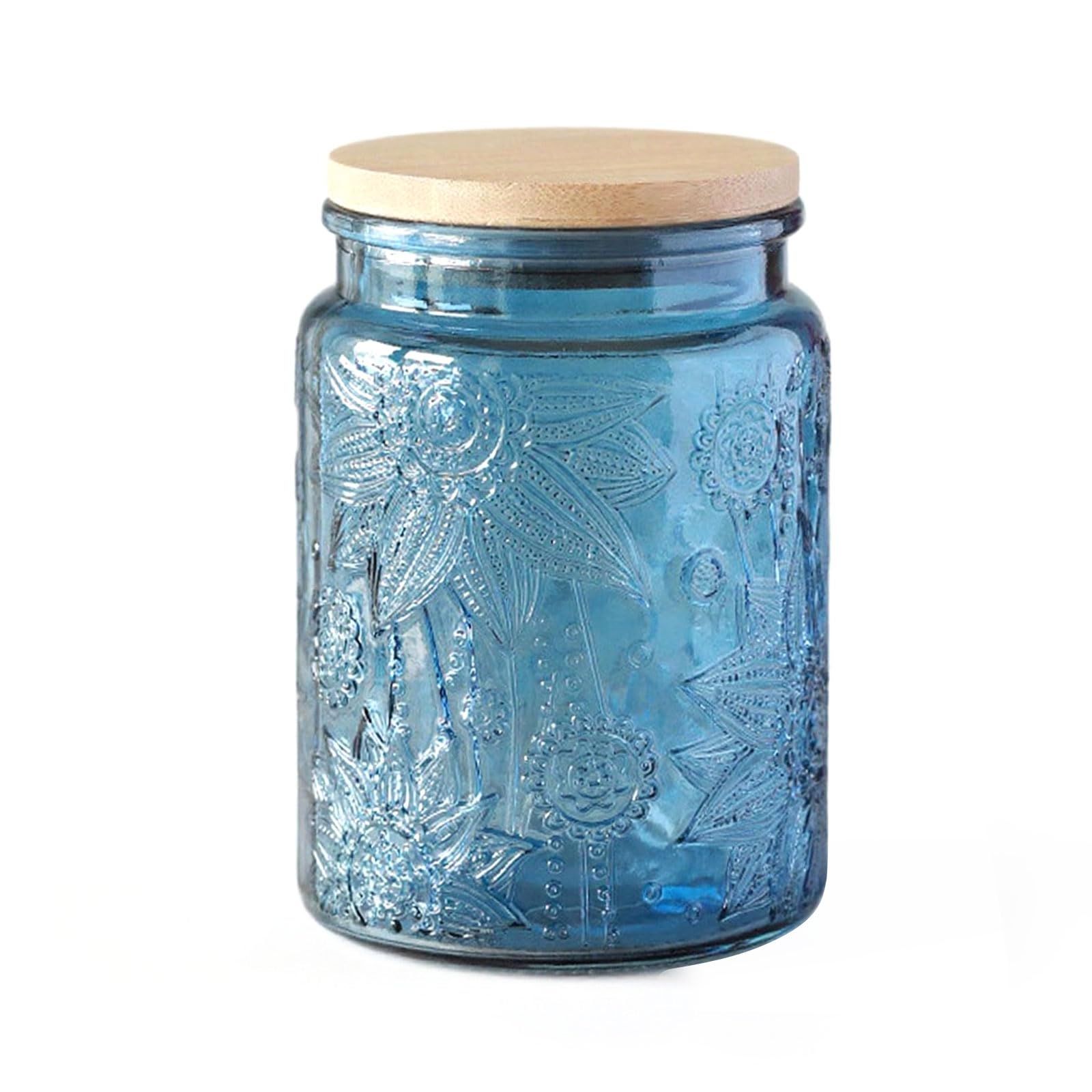 700ml Vintage Glass Jar Airtight Storage Canister Sunflower Embossed Blue Tea