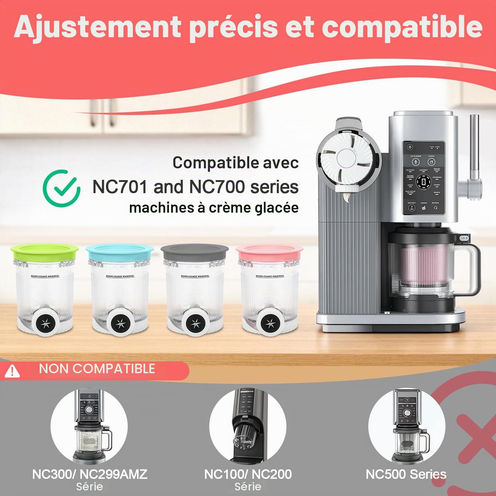 Pour 4 pièces Ninja Swirl Creami 480 ml - pour sorbetières Ninja Creami séries NC701 et NC700 - Sans BPA lavable au lave-vaisselle