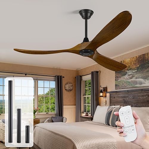 Ventilador de techo negro sin luz, 52 pulgadas, moderno, para interiores y exteriores, 3 aspas, a prueba de humedad, ventilador de techo de madera