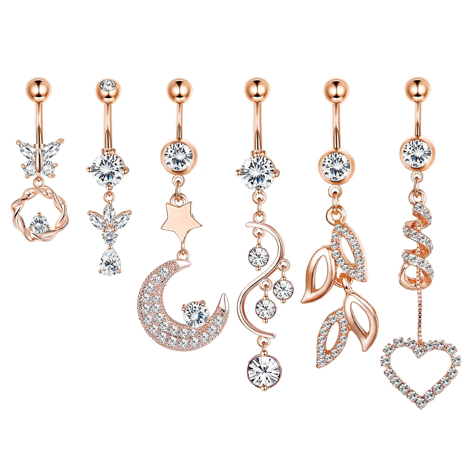 MILACOLATO6Pcs 14G Acero Inoxidable Colgar Anillos Del Ombligo Para Mujeres Corazón sol Luna Mariposa Hoja Borla CZ Ombligo Cuerpo Piercing Joyería