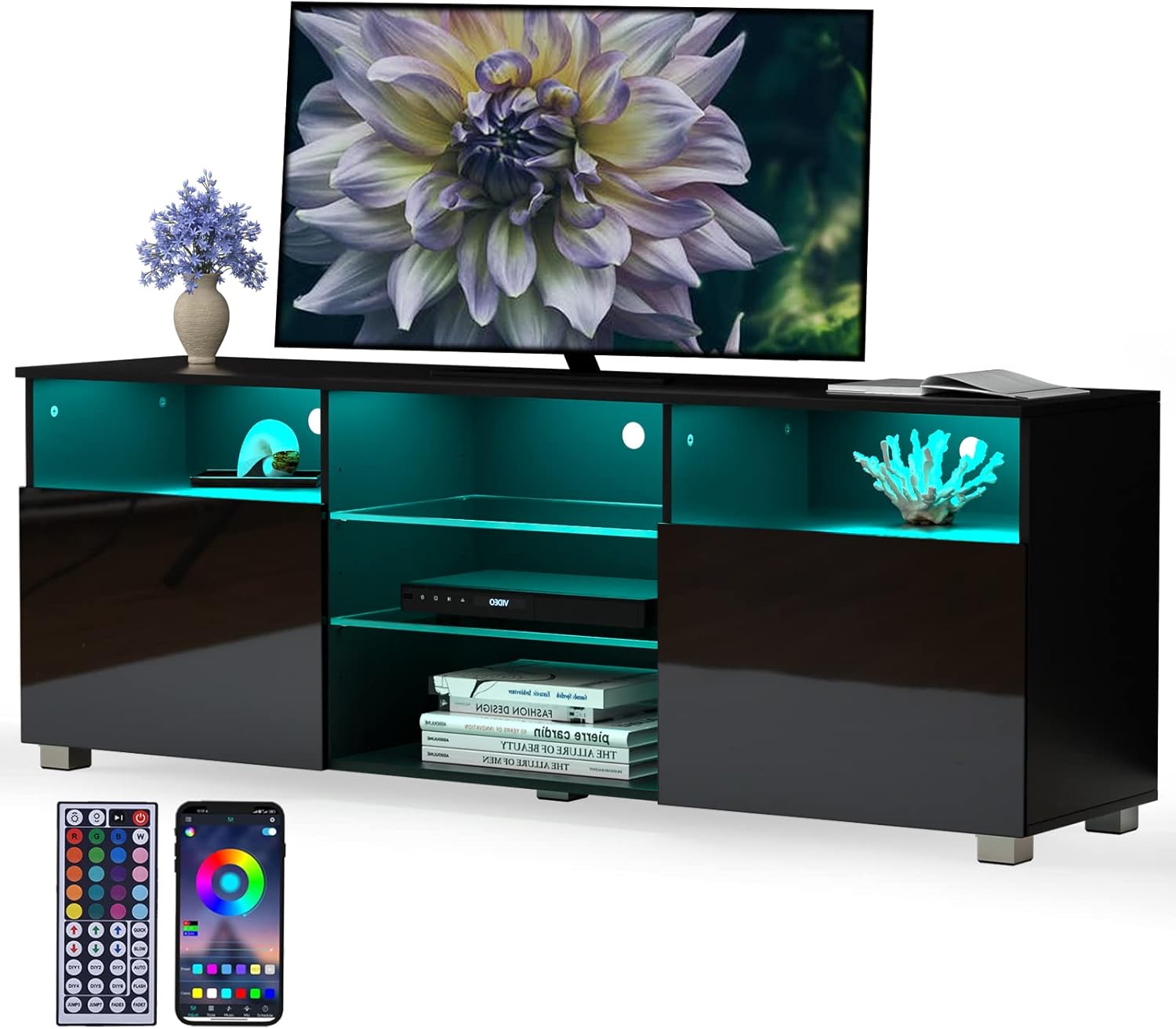 High Glossy LED Black TV Stand for 55/60/65 inch TV,Modern LED Entertainment Center with Adjustable Storage Shelves,Game Console Entertainment Center,TV Table Media Furniture (47inch, Black)