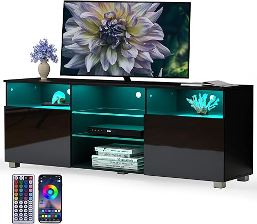 Soporte de TV negro LED de alto brillo para TV de 556065 pulgadas, moderno centro de entretenimiento LED con estantes de almacenamiento ajustables,
