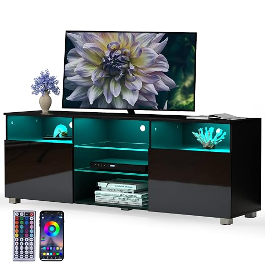 High Glossy LED Black TV Stand for 55/60/65 inch TV,Modern LED Entertainment Center with Adjustable Storage Shelves,Game Console Entertainment Center,TV Table Media Furniture (47inch, Black)