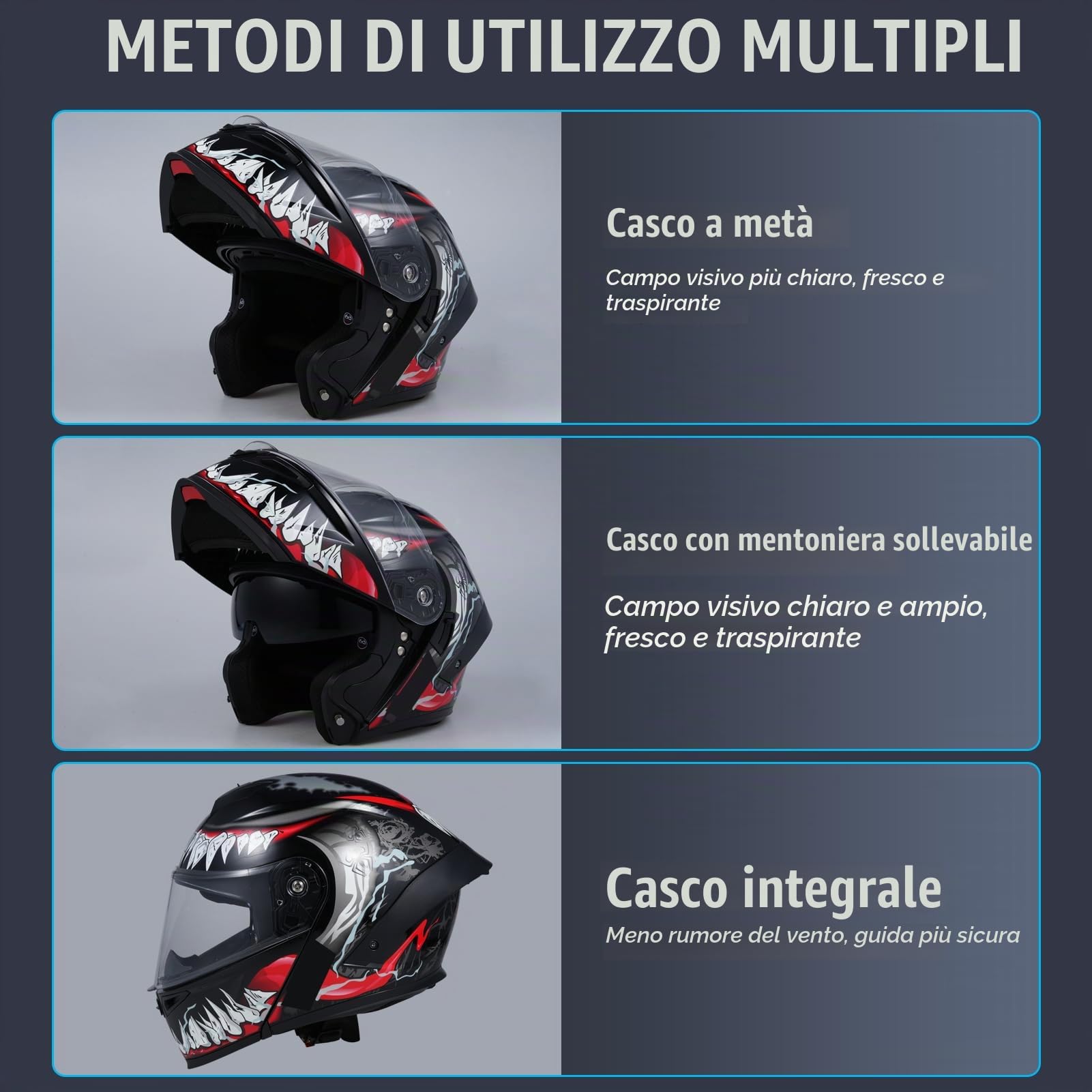 Casco da moto, casco integrale modulare leggero, casco apribile con doppia visiera e fanale posteriore a LED ricaricabile per adulti, uomini e donne-L