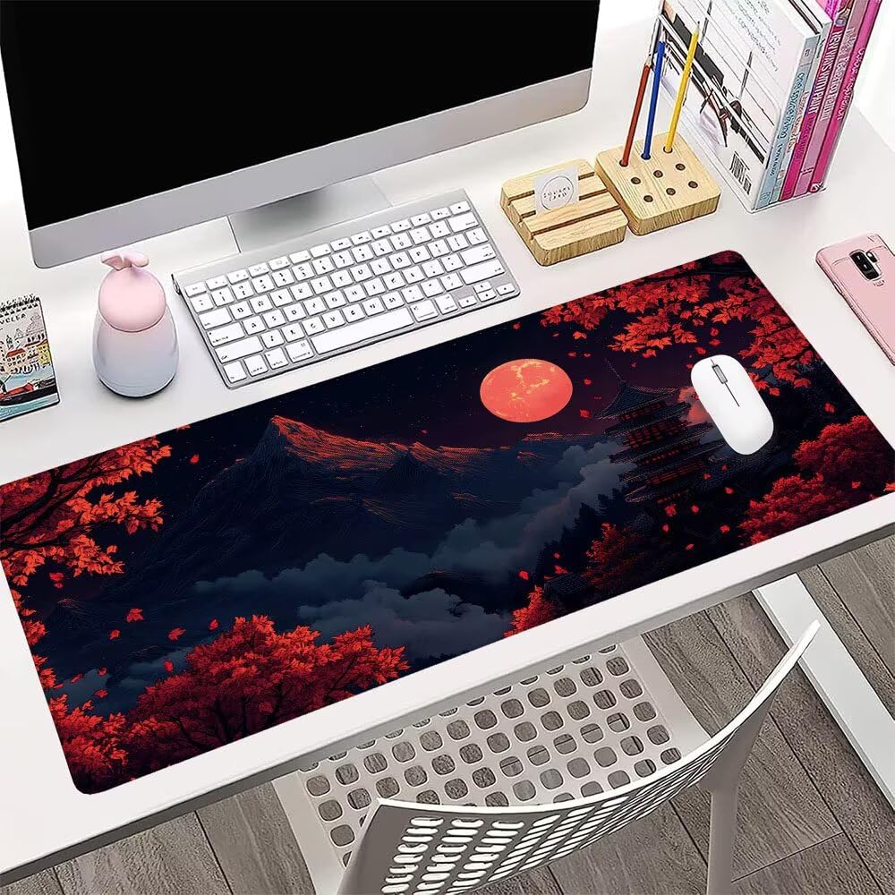 Alfombrilla de Mouse para Juegos, Rosso, XXL, Antideslizante, Impermeable, Diseño de Luna, Extendido, Grande, 1200x600x3mm, para PC, Laptop, Ufficio, Famiglia d-554
