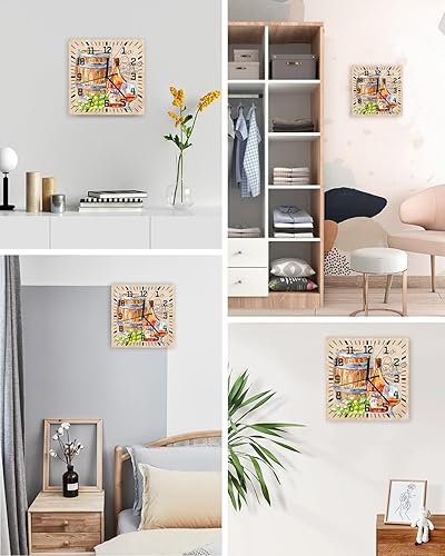 Miniatura 4 de Reloj de pared de madera de vino otoñal, silencioso, sin tictac, barril de madera de uva verde, vintage, acuarela, reloj de pared cuadrado que