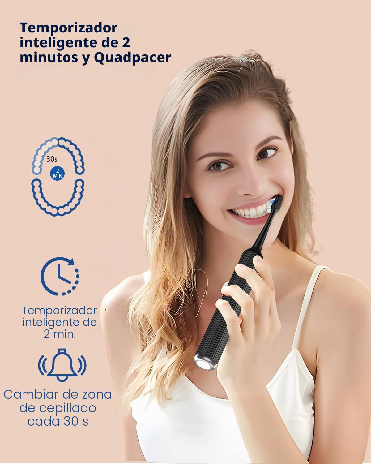 Cepillo de dientes eléctrico sónico para adultos y niños, 5 modos de limpieza, 3 niveles de intensidad, temporizador integrado, 8 cabezales incluidos, estuche de viaje, color negro