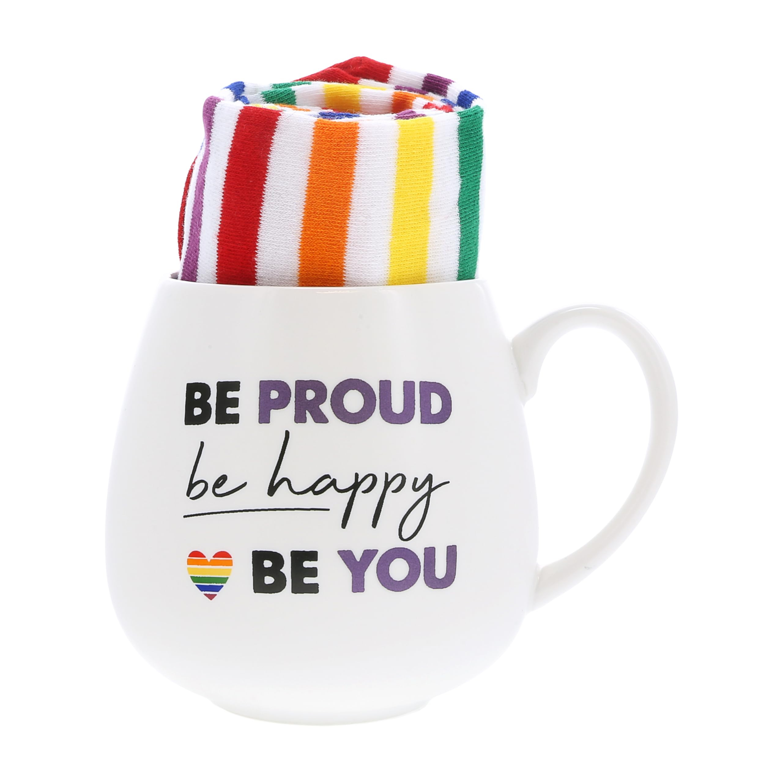 Pavilion - Be Proud Be Happy Be You - 15.5 oz Mug & Novelty Patterned 9-13 US Women & 8-12 US Men Socks Gift Set Rainbow Pride LGBTQ+ Coming Out Present