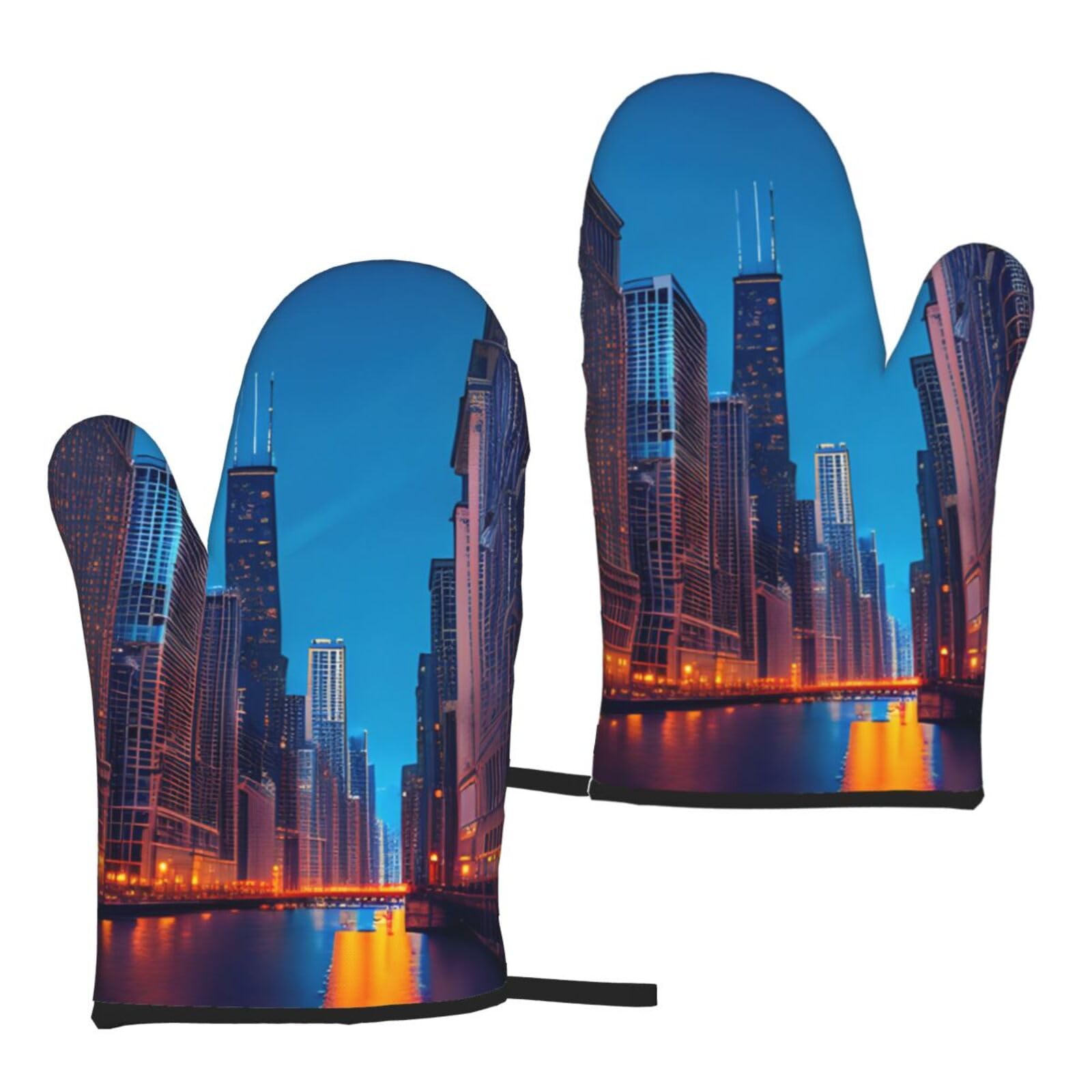 Chicago Night Print Heat Resistant Universal Fit Oven Microwave Gloves Home Cooking Baking Grilling