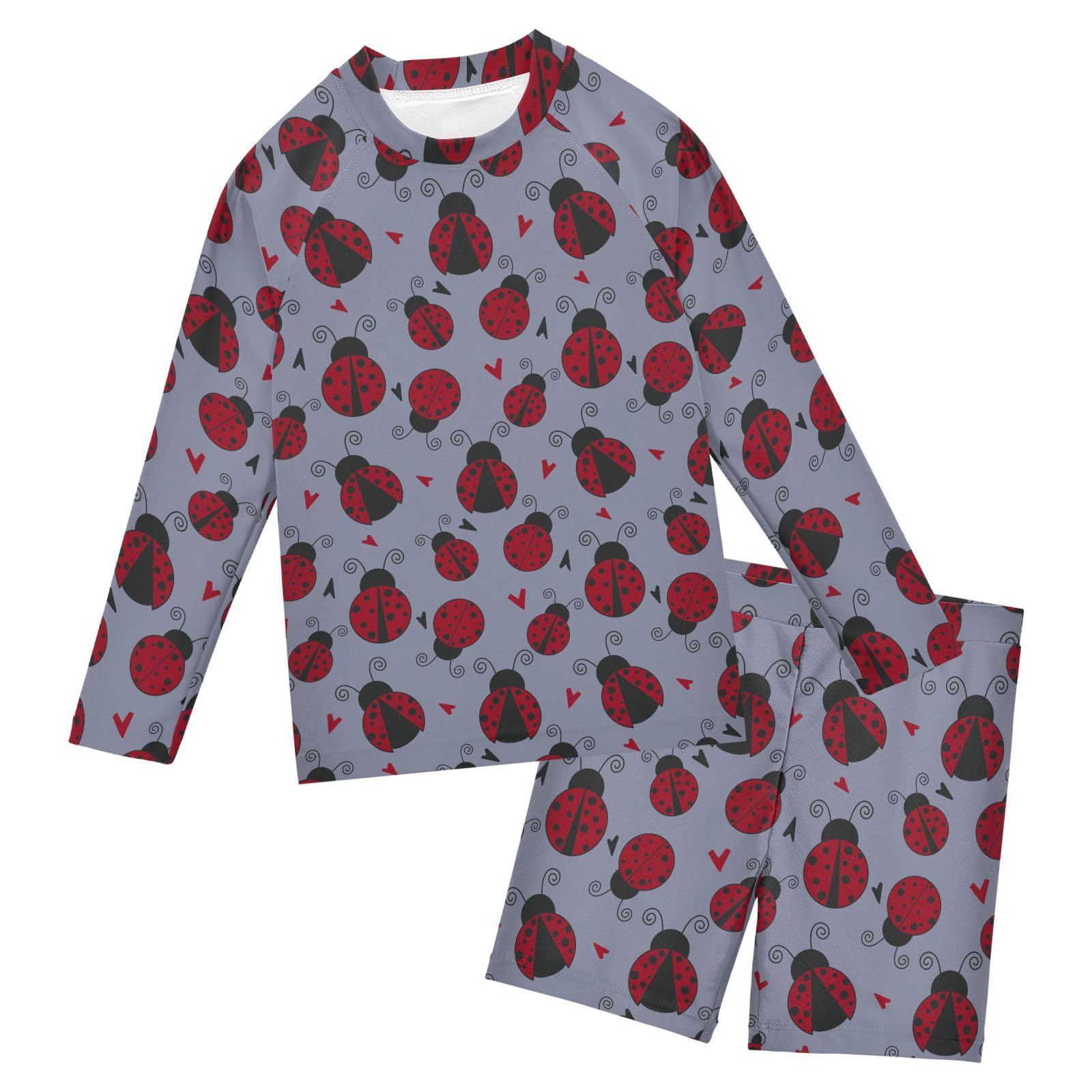 Aflyko Kids' Bathing Suit Set Red Black Ladybug Cute Heart Long Sleeve Swim Tops with Shorts Summer Vacation Pool Party Rashguard Fun Cute Toddler Infant Beachwear, 4T