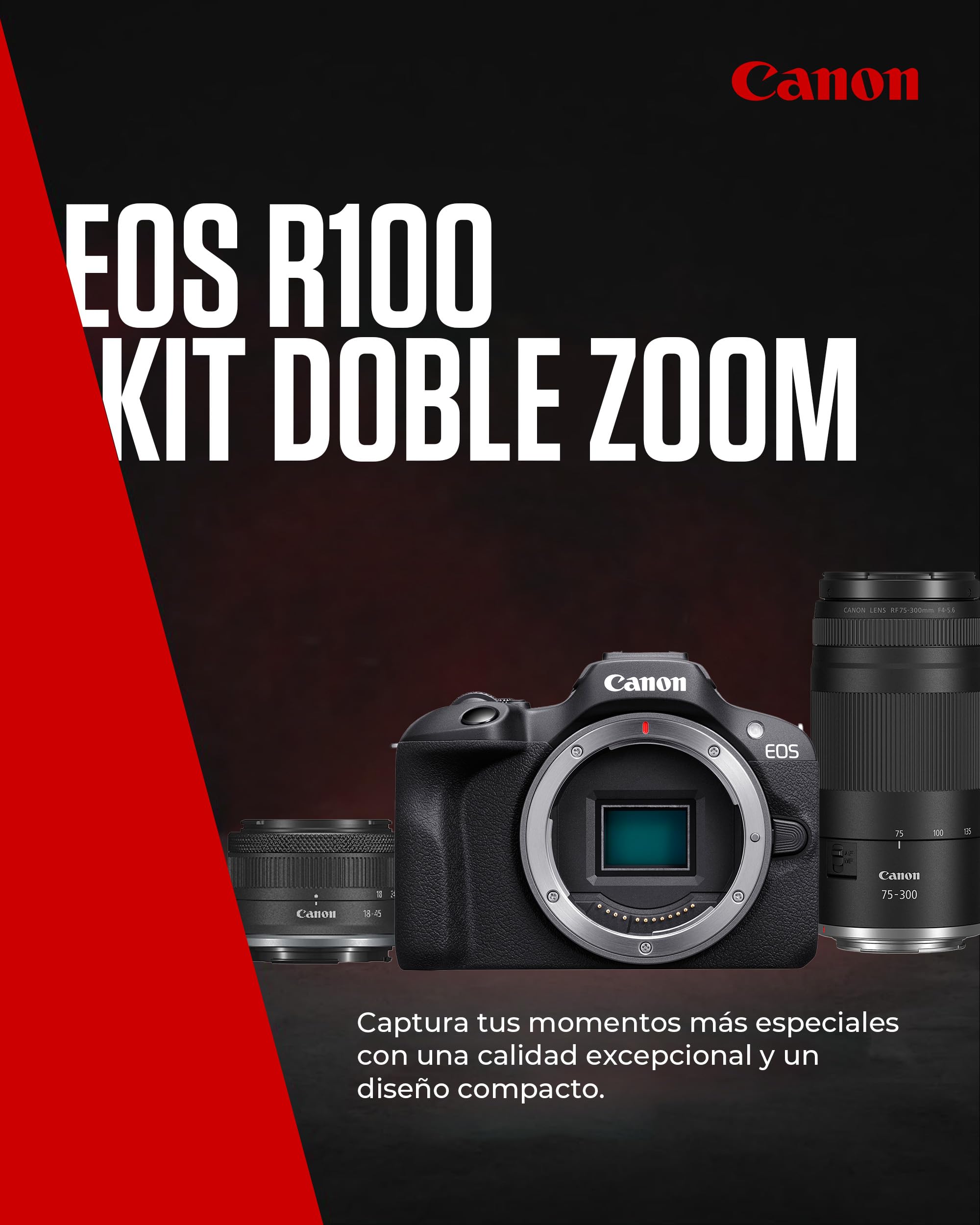 CANON EOS R100 Cámara Mirrorless + Objetivo RF-S 18-45 mm + RF 75-300mm Kit Doble Zoom, Cámara Evil APS-C (24,1 MP) -4 EV, Vídeo 4K 25 fps, Dual Pixel CMOS AF, Wi-Fi y Bluetooth, Negro
