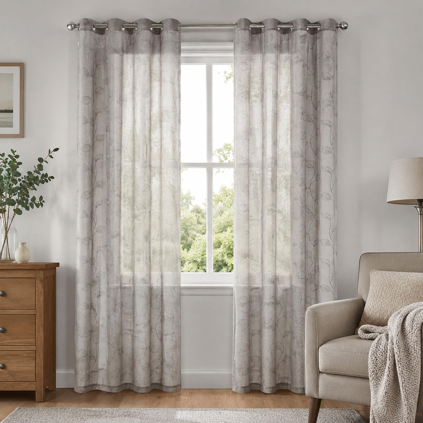 SSWH Sheer Voile Curtains with Embroidered Pattern, Semi Transparent Net Curtains, Voile Sheer Panels for Bedroom Living Room with Eyelet(Size:132x160cm/W 52" x L 63" (2 Panels),Color:Grey)