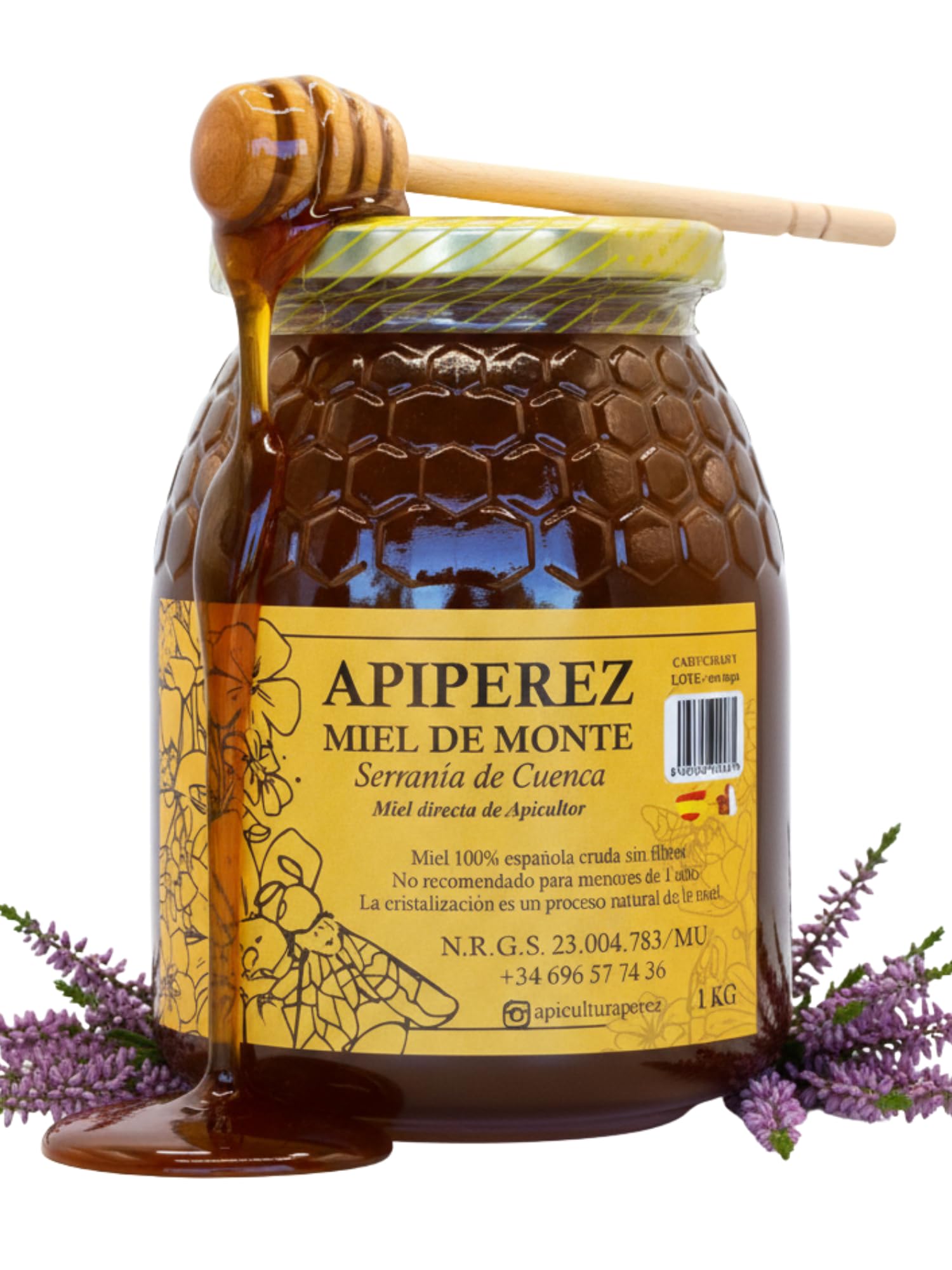 APIPEREZ Miel Cruda de Monte 1 kg – Miel Natural de Mielato, Antioxidante y Antimicrobiana – Sabor Intenso y Color Ámbar Oscuro