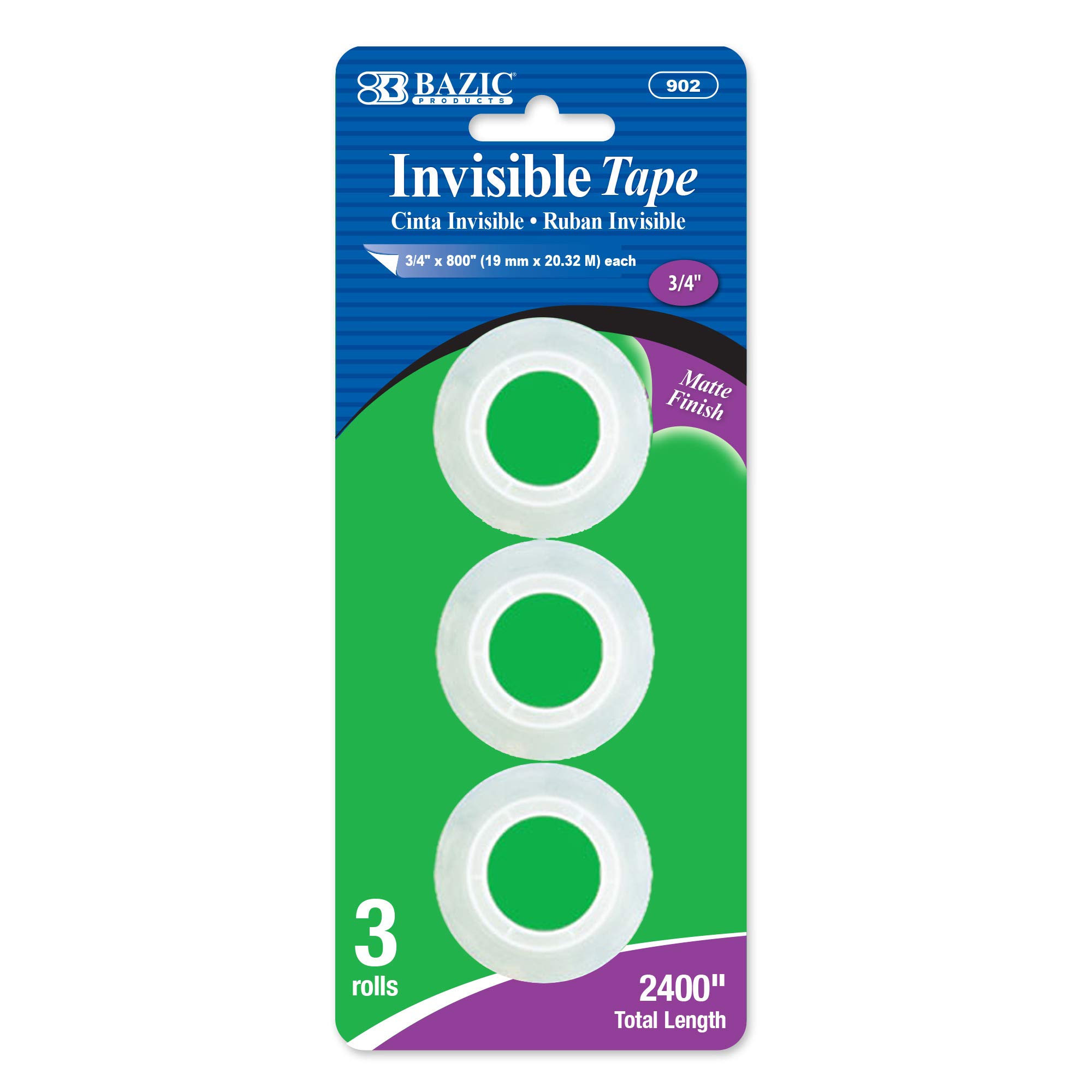 BAZIC Products Invisible Tape Refills 3/4" X 1296", Matte Finish Magic Tape for Office, Gift Wrapping, Transparent for Arts, Crafts & More, 3 Rolls, 1-Pack