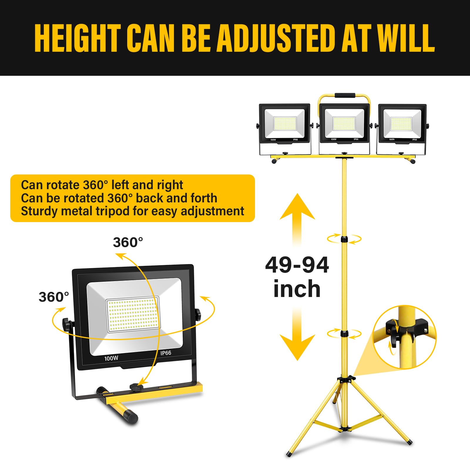 AUXTINGS 3 Stück 100W LED Baustrahler mit Stativ, 24000 Lumen LED Strahler Baustellenleuchte mit 2m HöHenverstellbar und 5m Kabel, 6000K IP66 Arbeitsstrahler für Konstruktion Werkstatt,Garage,Keller