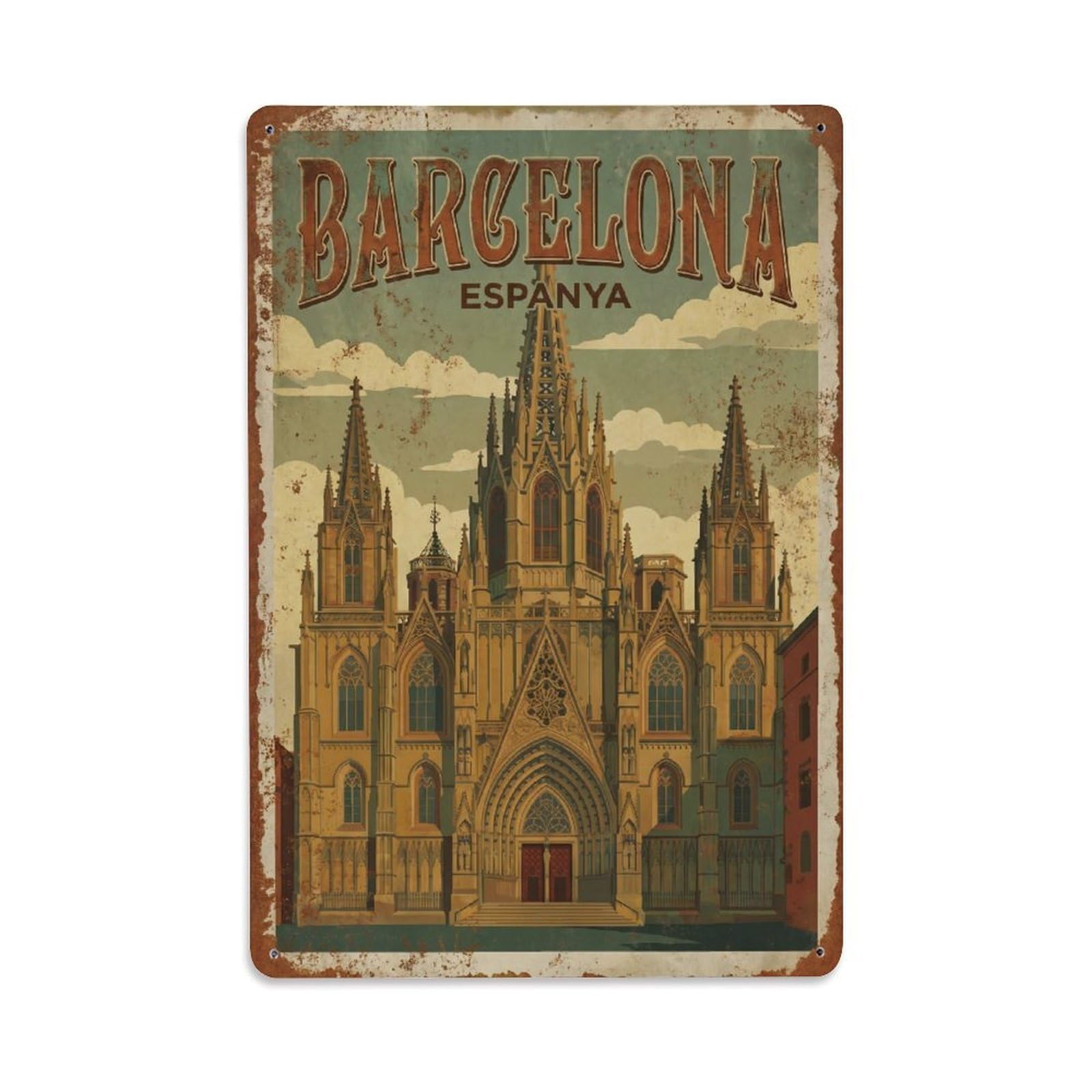 Okngb Style Cathedral Retro Architecture Barcelona Catalonia Travel Metal Tin Sign Plaque Wall Decor For Cafe, Man Cave, Club Bar, Office, Home Garden Round Metal Poster 8X12inch