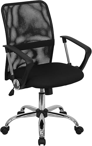 Flash Furniture Jenkins Silla de oficina giratoria de malla negra con respaldo medio con banda de apoyo lumbar y brazos