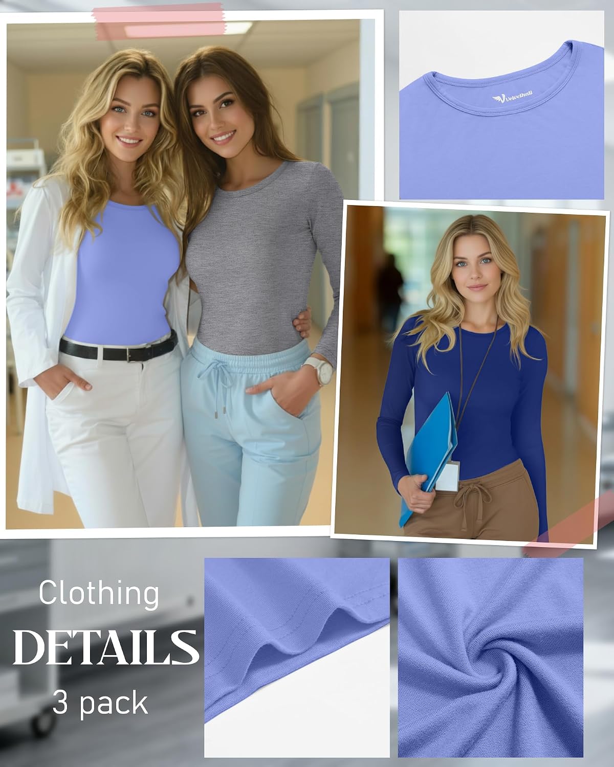 3 Pack Women's Under Scrub Shirts Long Sleeve Crew Neck Slim Fit Tees Basic Casual Soft Undershirts for Nurse