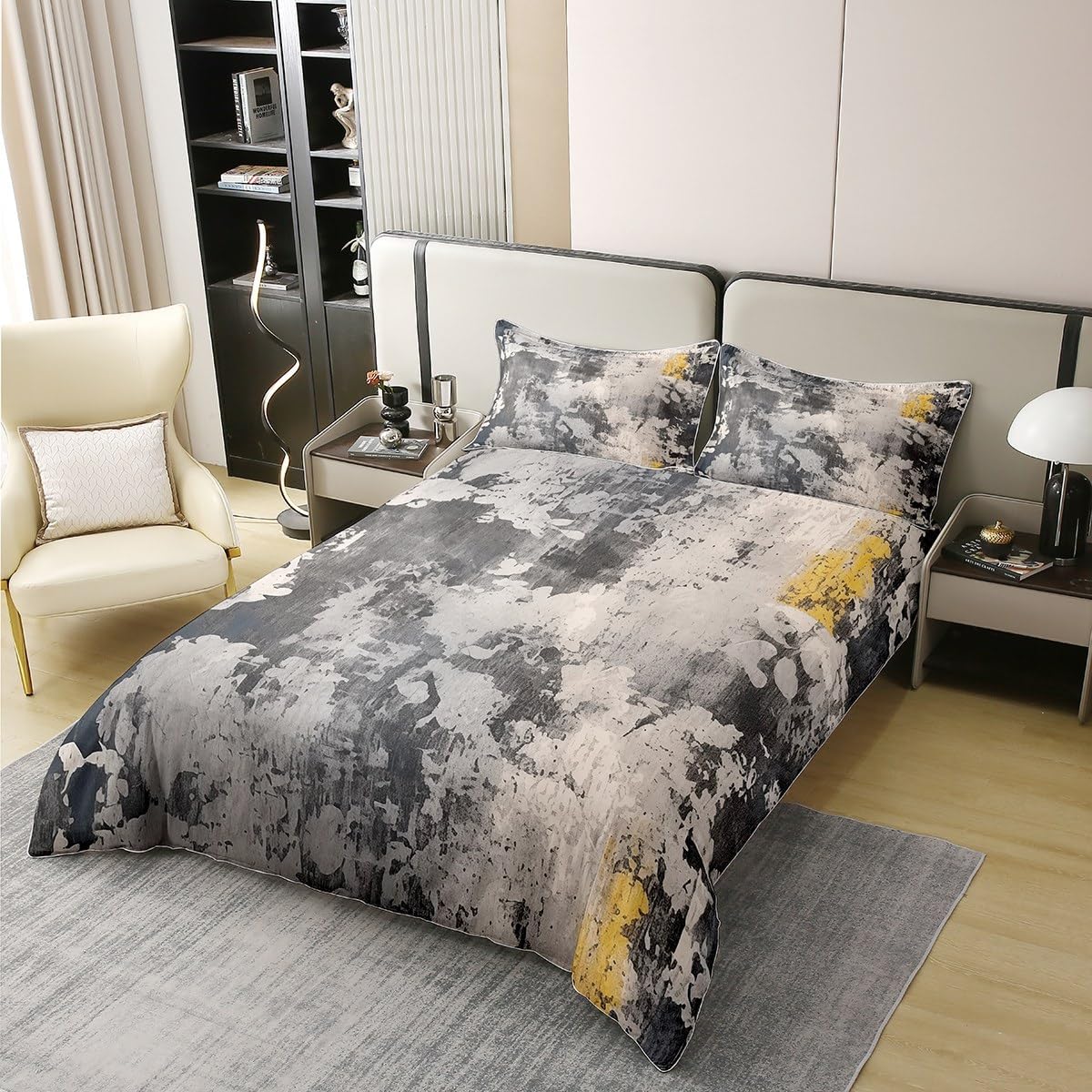 Retro Farmhouse Style 100% Nature Cotton Duvet Cover King Size,Abstract Wall Print Modern Art Super Soft Bedding Set, Grey Black Yellow Comforter Cover Bedding 3 Piece (No Comforter)