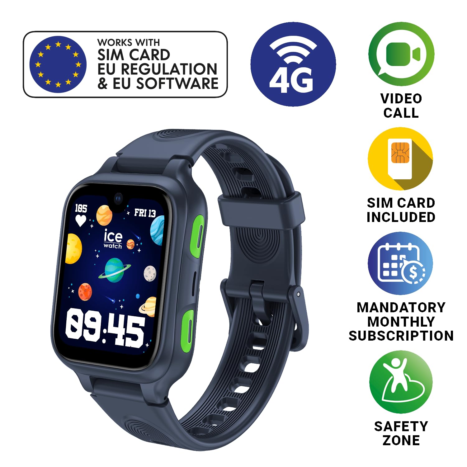 Ice-Watch, Ice Kids 4G 2.0 Blue, Niebieski Smartwatch Z Funkcją Geolokalizacji 4G Dla Chłopców Z Silikonowym Paskiem, 025269 (40 Mm), Lokalizacja Za Pomocą Dołączonej Karty Sim I Abonamentu