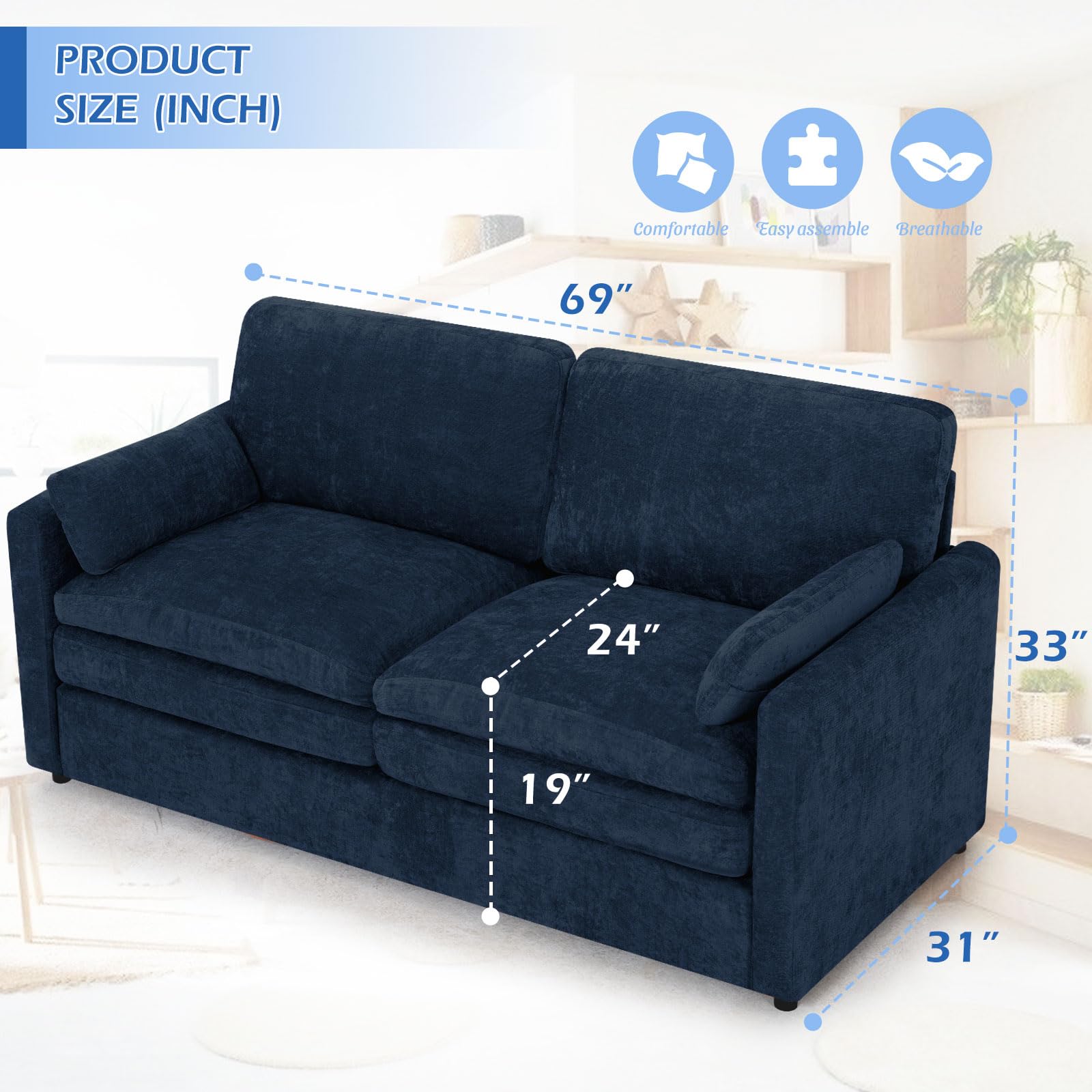 Condition photo showing New/Like New for chenille loveseat sofa w/arm pillows, upholstered 2-seater sofa w/comfortable back cushions, modern 2 seats couch w/high-density foam for living room, apartment, office, blue