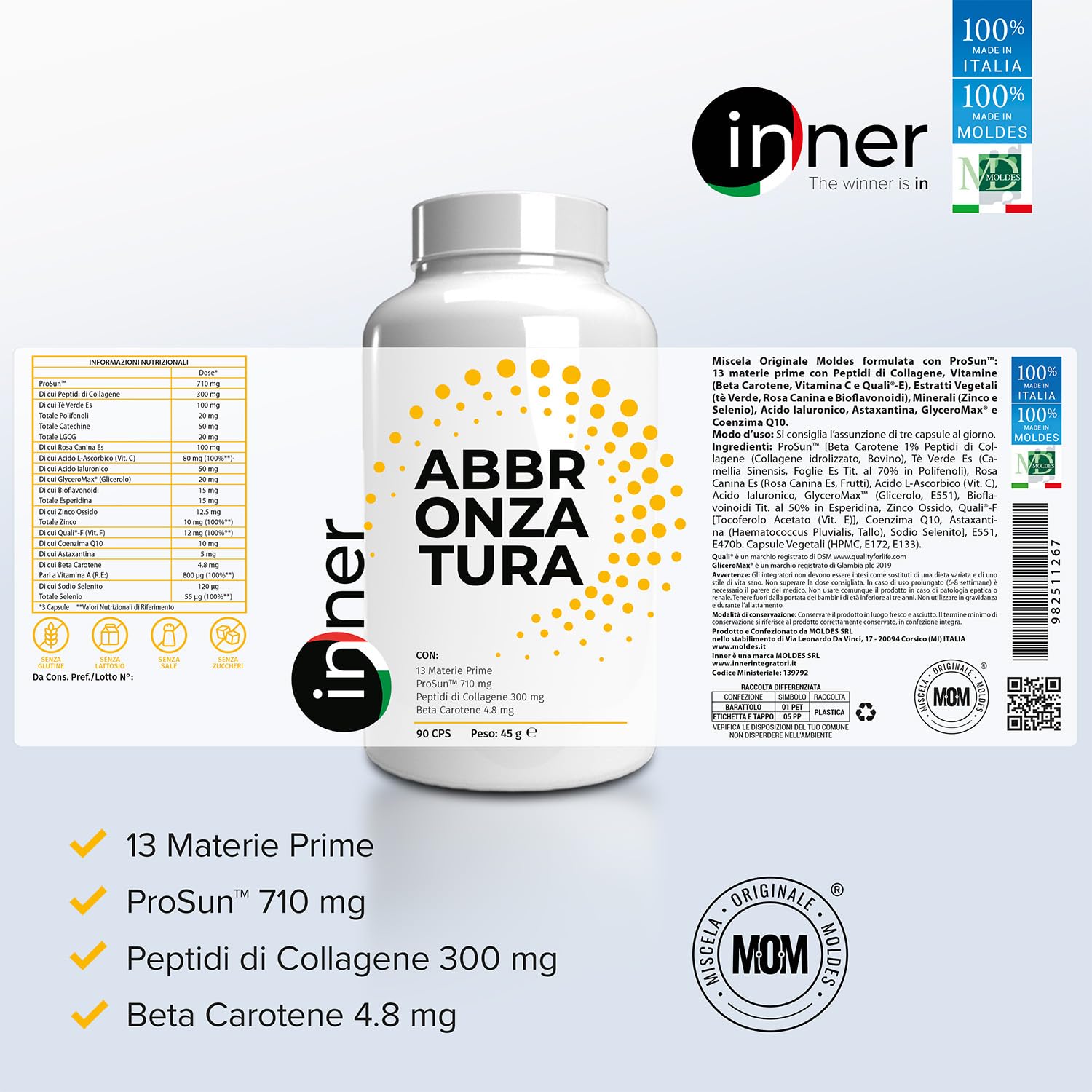 Inner Abbronzatura – 90 capsule – Integratore per Abbronzatura e Fotoprotezione – Protegge da Esposizione Solare e Stress Ossidativo – Stimola l’idratazione della Pelle