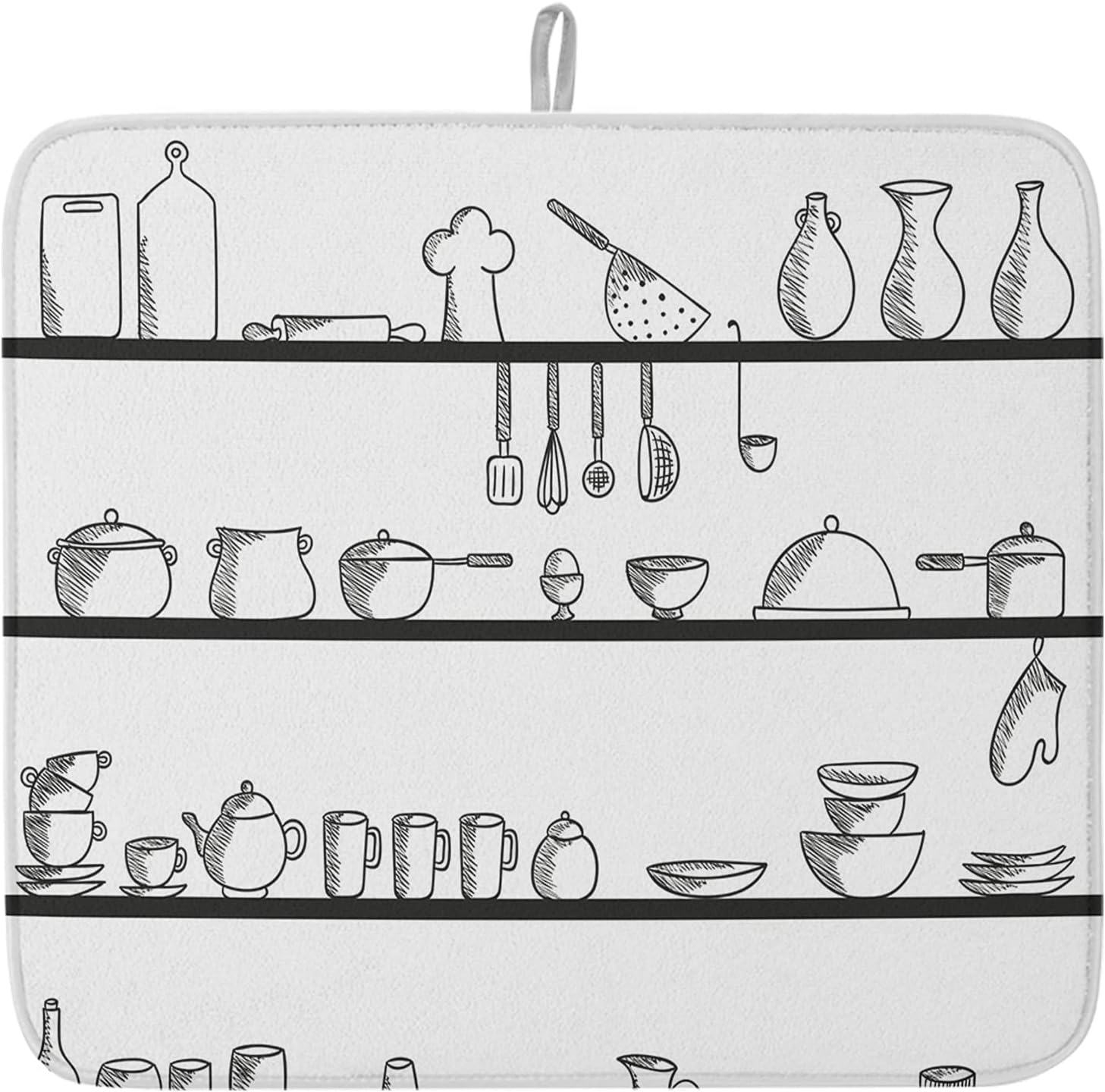 Kitchen Uutensils Dish Drying Mat for Kitchen Counter, Chef Black White Sketch Easy Clean Absorbent Kitchen Drying Mat Heat Resistant Washable Drying Pad 18x24 Inches