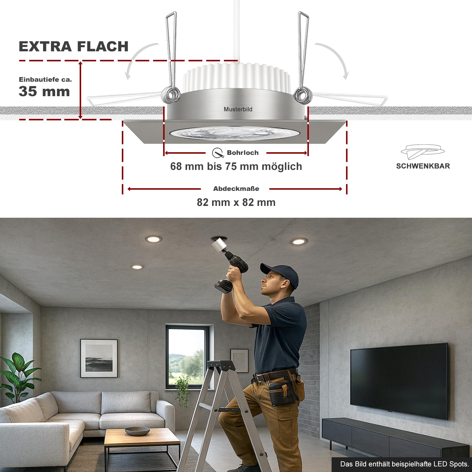 trendlights24 Carree LED Decken Einbaustrahler flach 35 mm 5W 230V 5er Set | Edelstahl Optik, eckig, Neutralweiß, 4000k, 50° Abstrahlwinkel, Spot, austauschbar, Einbauspot, schwenkbar, 68mm Lochmaß