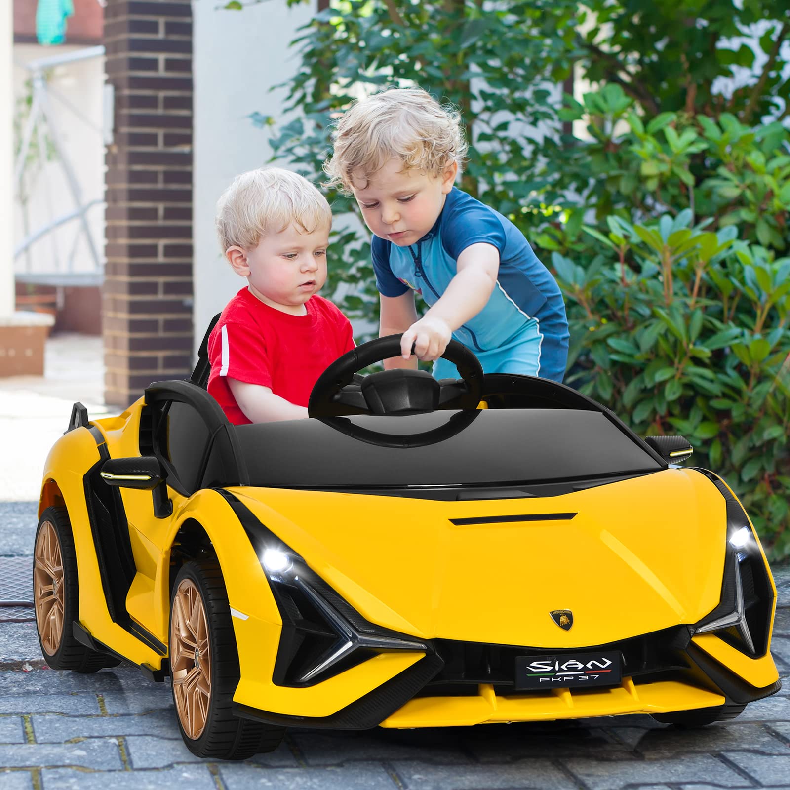 GOPLUS Lamborghini Coche Eléctrico 12V (Amarillo) | Vehículo Eléctrico para Niños de 3-8 Años, con Control Remoto, MP3 USB Bluetooth Música, 3-5km/h, Carga Máxima 25KG