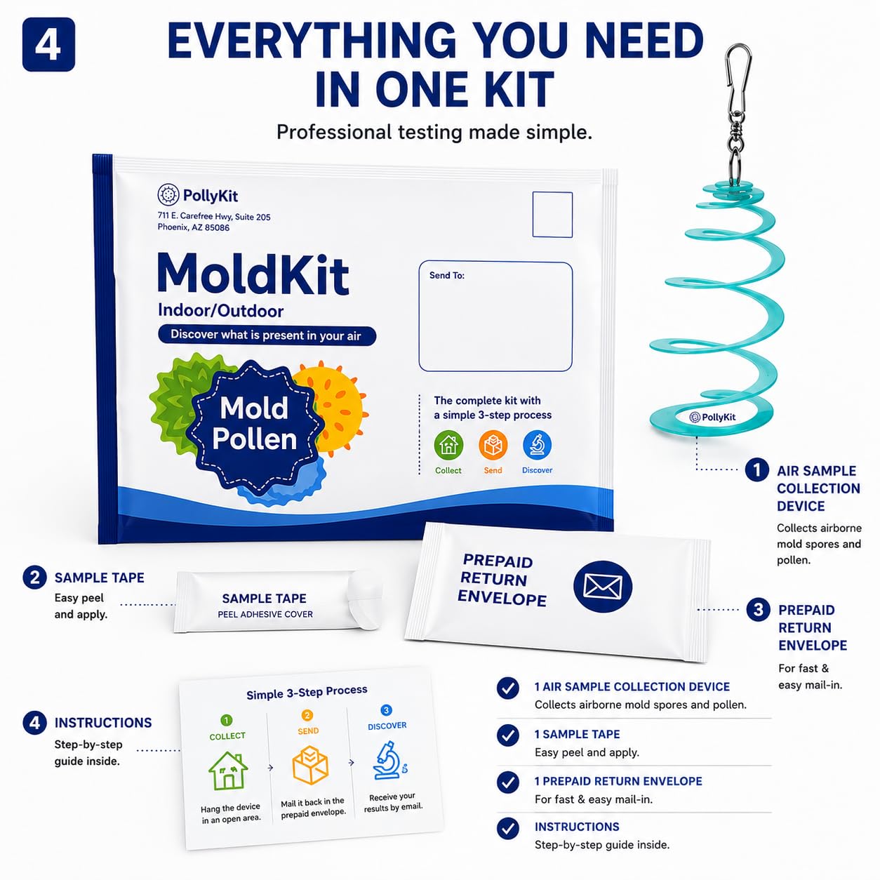 MoldKit by PollyKit Indoor & Outdoor Air Sample Collection Kit – Easy 3-Step Mail-in Environmental Air Sampling Kit with Lab-Reviewed Results