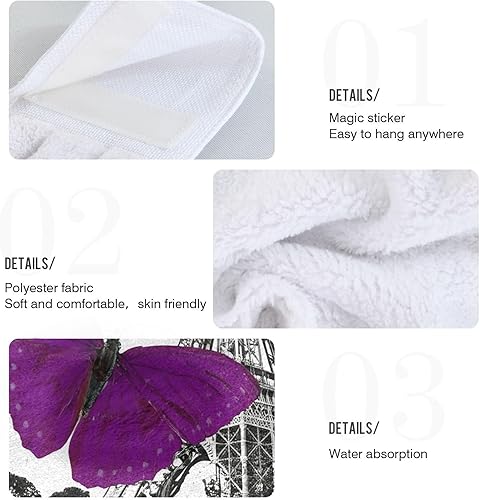 Miniatura 5 de STAYTOP Juego de 2 toallas de mano de mariposa morada y torre Eiffel, suaves y de rápida absorción, toallas colgantes o calcomanías mágicas con