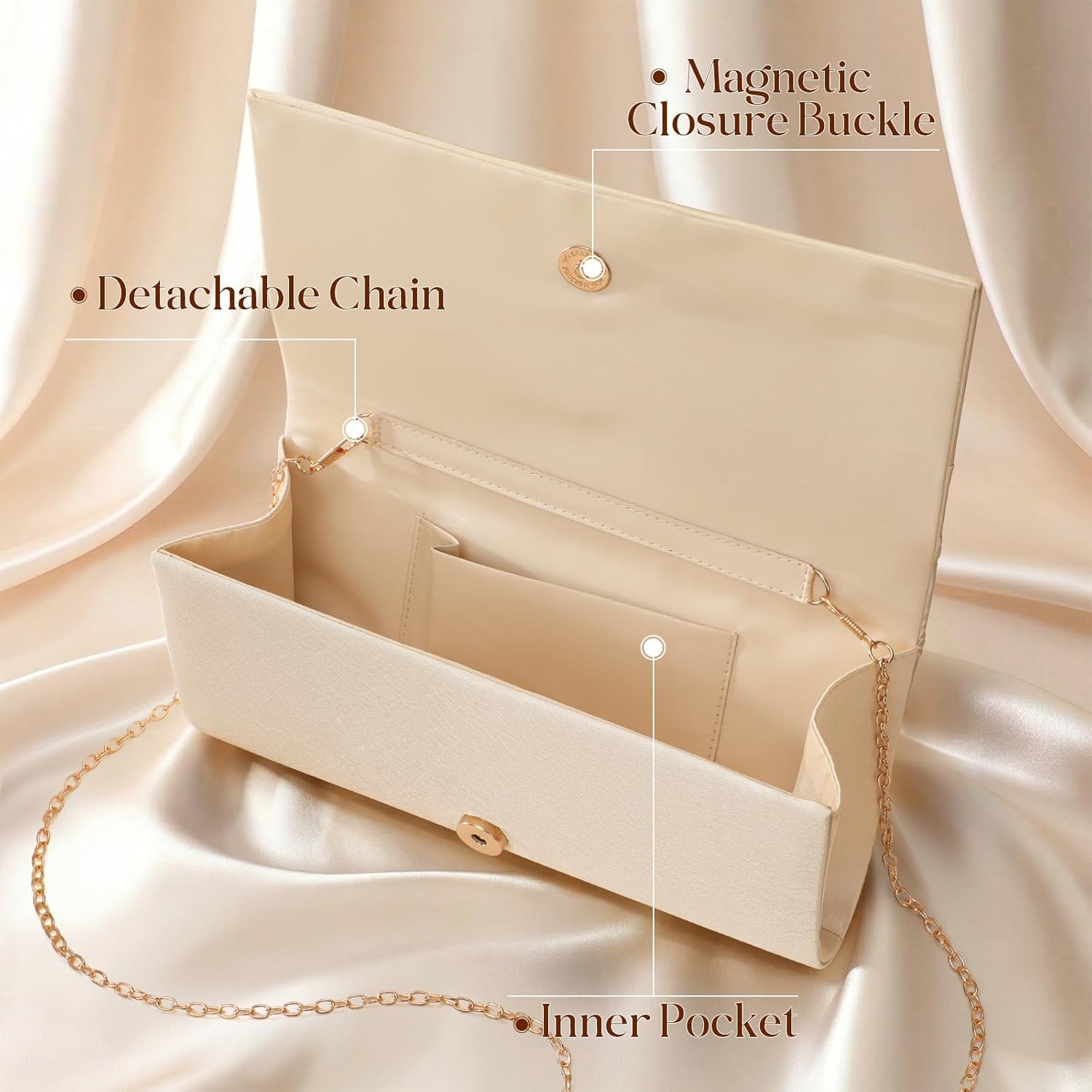 Evening Satin Purse with Detachable Chain Fomal Clutch Women's Evening Handbags