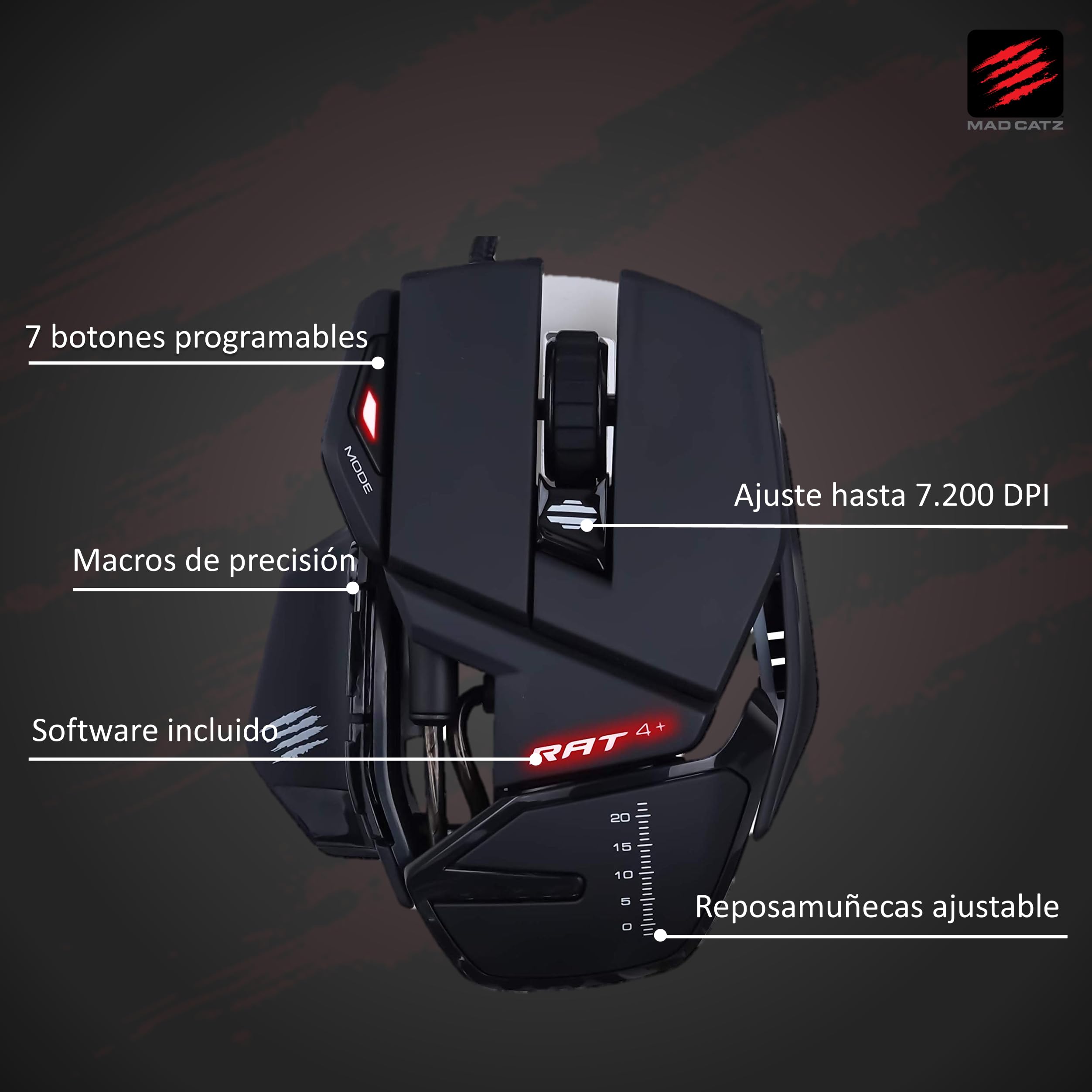 Ratón Gaming Mad Catz R.A.T. 4+ – Sensor Óptico 7200 DPI – 7 Botones Programables – Diseño Ergonómico Ajustable – PC