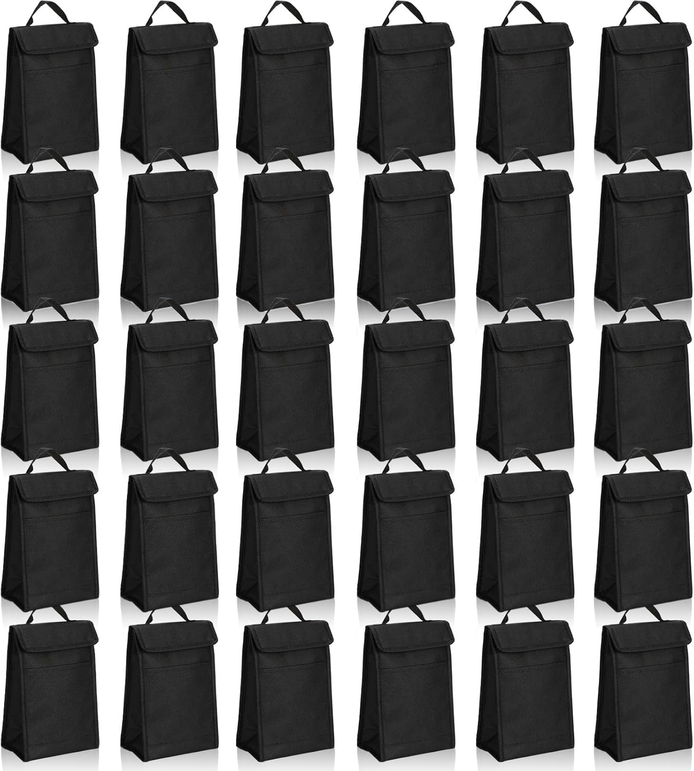 30 Pcs Insulated lunch Bags Bulk Hook and Loop Reusable Cooler Bags Black Waterproof Bag Bulk with Foil Thermal for Women Men Office Picnic Travel