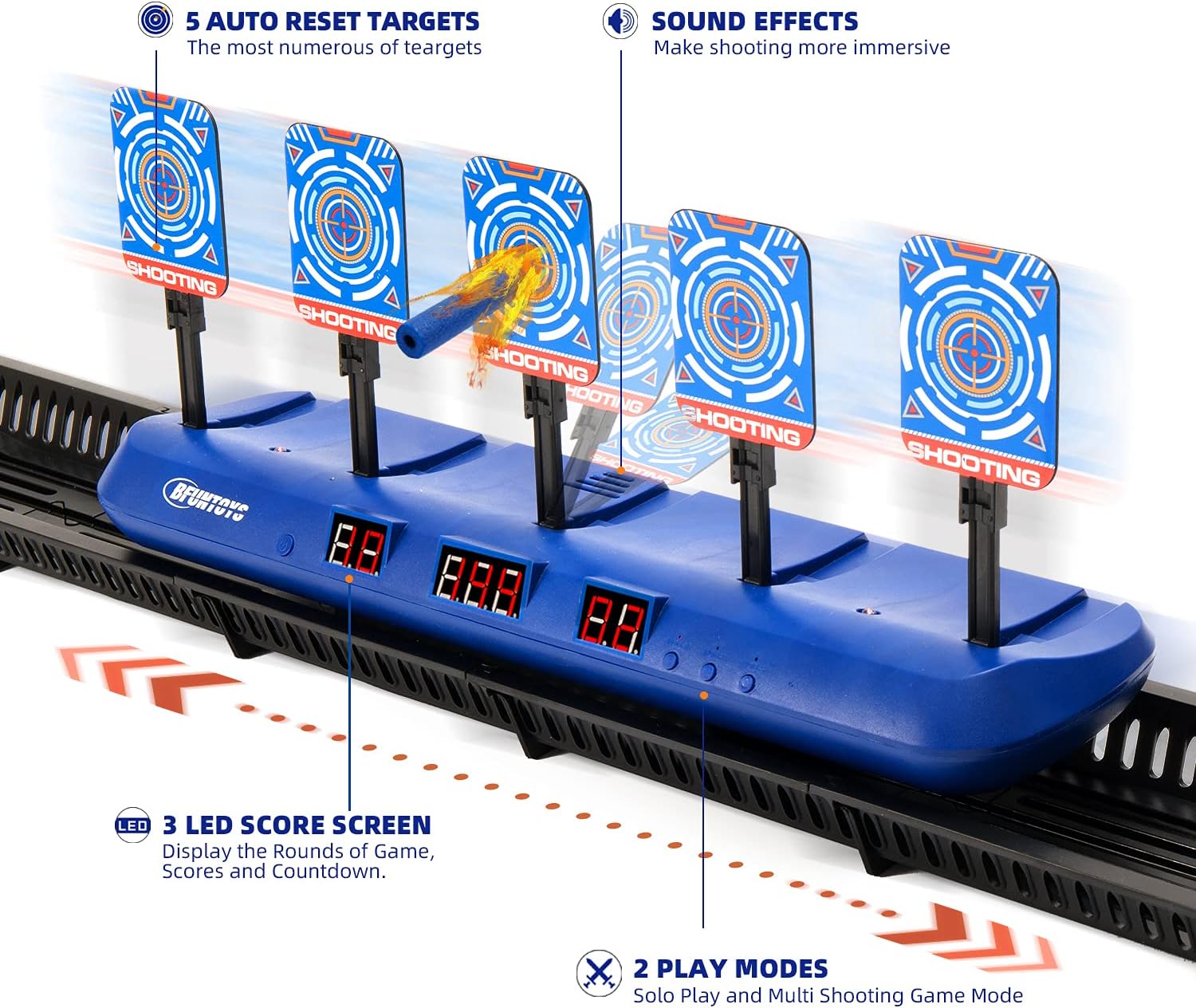 BFUNTOYS Digital Auto Moving Shooting Target Value Set(5 Auto Reset Targets, 3 LCD and Play Modes, Movable Base|2 Kids Tactical Vest|100 Form Darts|2 Toy Guns|2 Tactical Masks|2 Wrist-Band|2 Glasses)