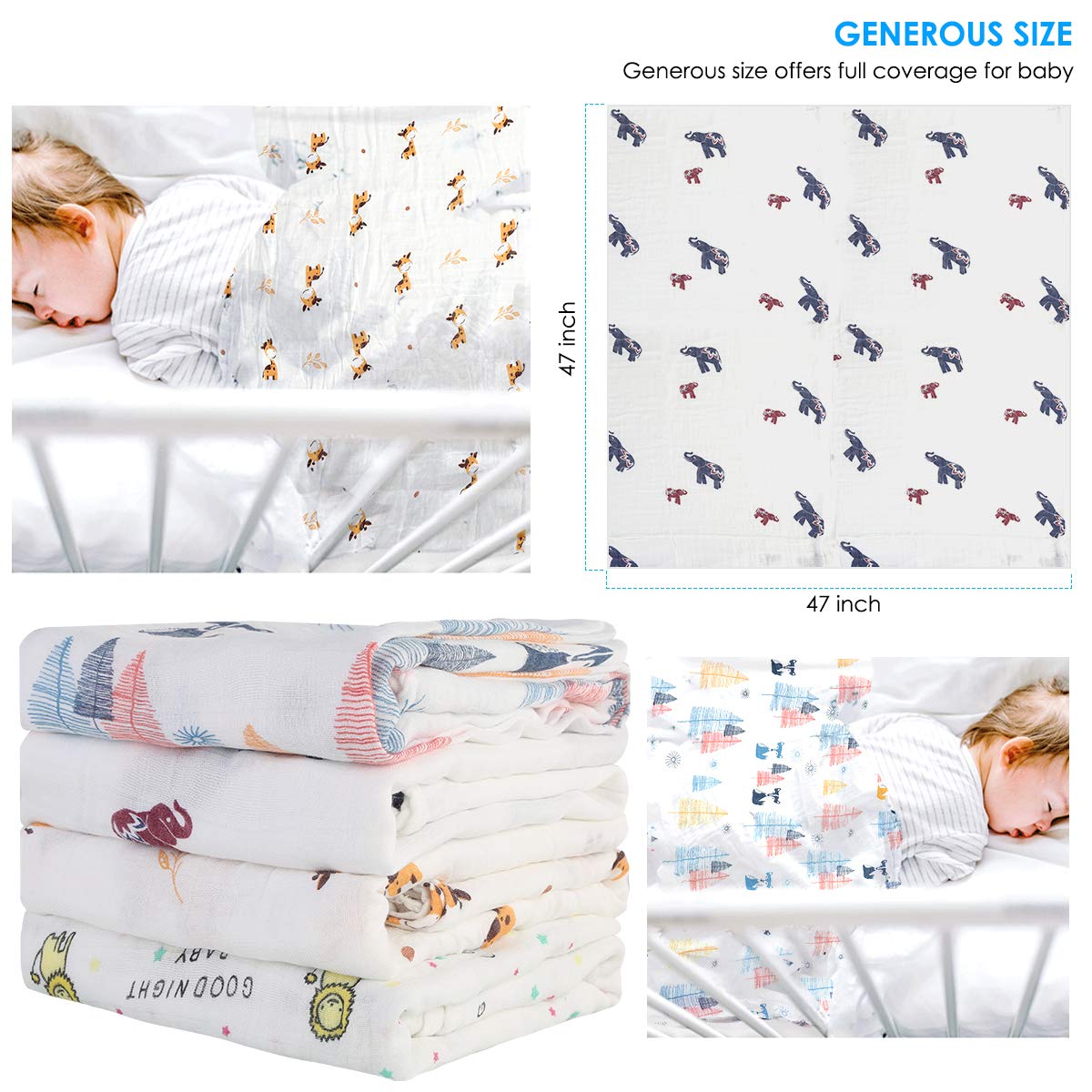 4 pz/Lotto Mussola Bambino Swaddle Coperte Neonato Ricezione Coperte Avvolgere per Ragazzi Ragazze 47 x 47 Pollici (#B)