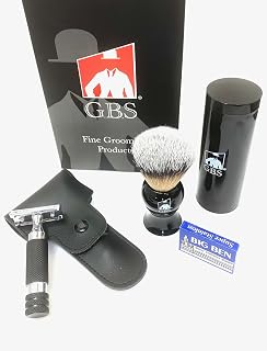 G.B.S Black Travel Shaving Brush, 4 Piece Travel Double Edge Safety Razor, and Leather Razor Case, Daily Beard Care, 10 pack of blades Snap Lock Prevent Razor Bumps