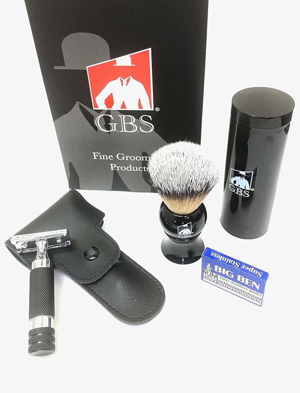 Kit G.B.S com pincel de barbear preto, aparelho de barbear de segurança Double Edge, estojo de couro e 10 lâminas