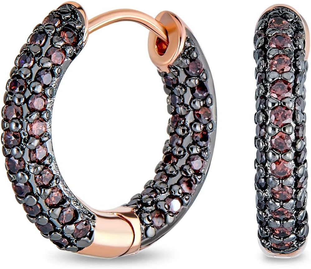 Formal Party Simulated Morganite Pink or Brown Pave CZ Inside Out Small Tube Huggie Hoop Earrings For Women Cubic Zirconia Chocolate Rose Gold Black Plated .75 Inch Diameter