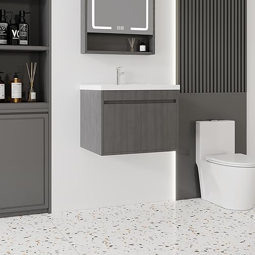 Miniatura 295 de Tocador de baño de 20 pulgadas con lavabo de cerámica, tocador de baño pequeño montado en la pared con puerta de cierre suave, gabinete flotante