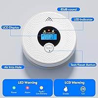 Vista 4 de Paquete de 1 detector de humo Detector de monóxido de carbono Combo batería de 10 años, pantalla LCD y alertas visuales, alarma de humo y CO
