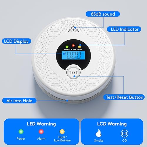 Miniatura 4 de Paquete de 1 detector de humo Detector de monóxido de carbono Combo batería de 10 años, pantalla LCD y alertas visuales, alarma de humo y CO