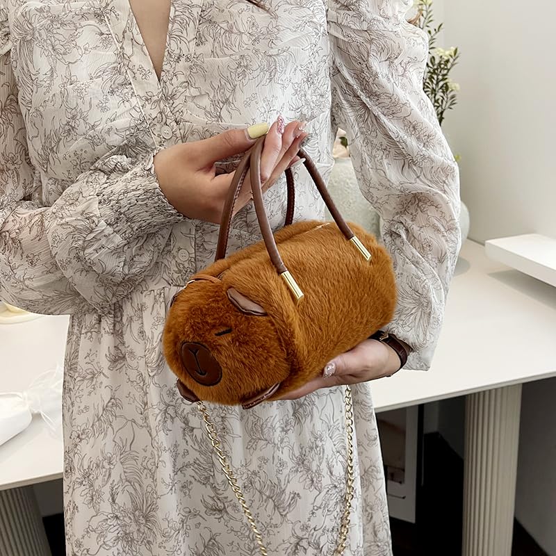 Women Cute Fluffy Animal Shaped Plush Shoulder Handbag Lovely Cylinder Bag Detachable Chain Strap Tote Purse2