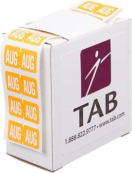 TAB Month Label Roll, 1/2", August, Light Orange, 500 Labels/Roll