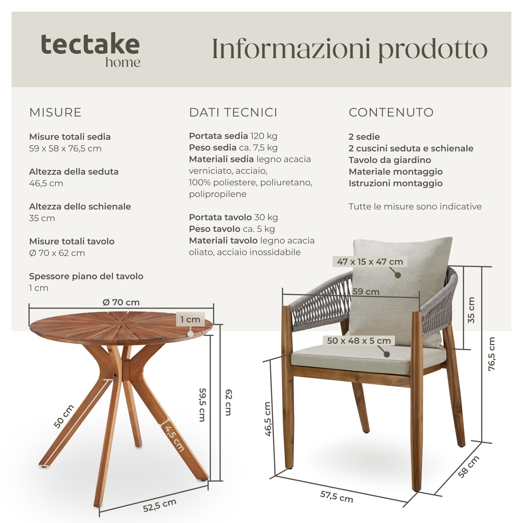 tectake® Set da Giardino da 3 Pezzi, Tavolo Rotondo Ø 70 cm e 2 Sedie Rope